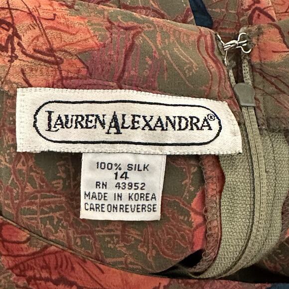 Lauren Alexandria 14 Dress Faux Wrap 100% Silk Short Sleeve Abstract Print Brown - Picture 8 of 12